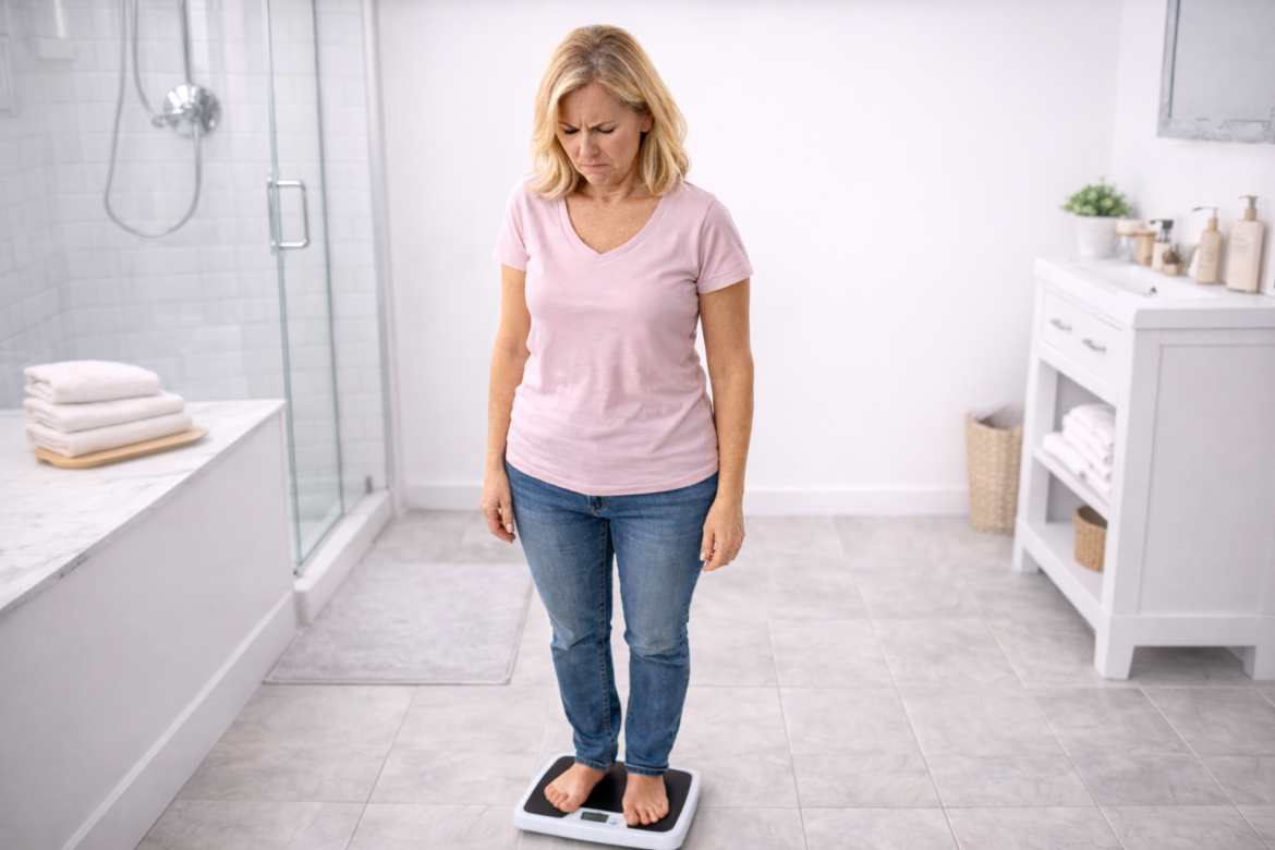 Γυναίκα άνω των 45 στέκεται σε ζυγαριά στο μπάνιο προβληματισμένη για το βάρος στην εμμηνόπαυση μετά τις γιορτές
