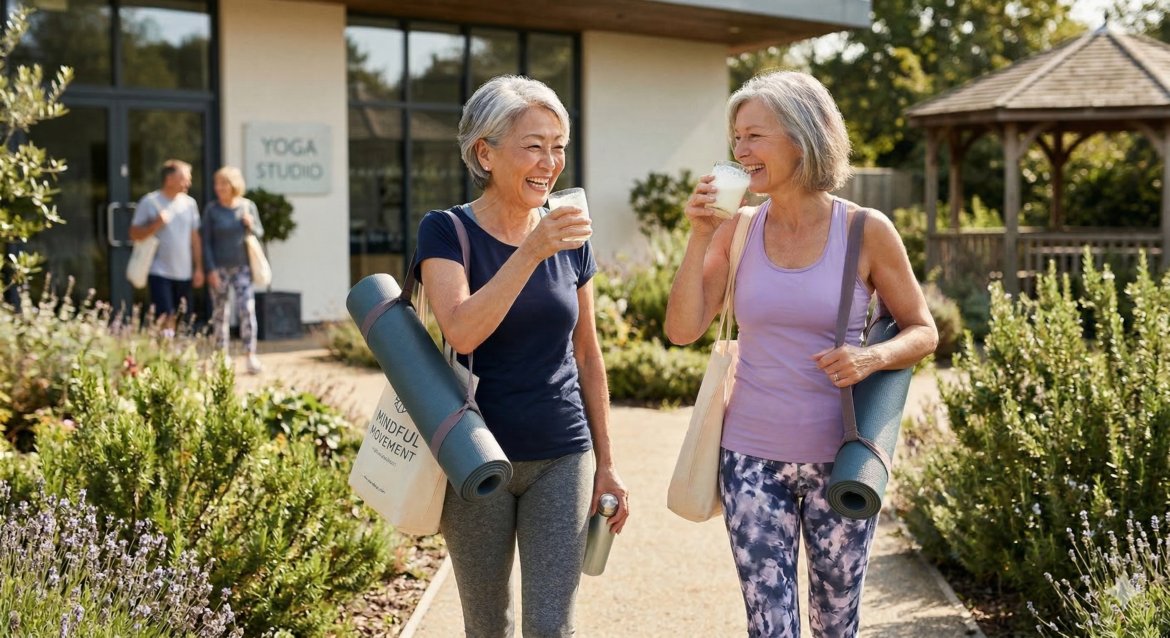 Δύο γυναίκες άνω των 50 πίνουν κεφίρ μετά από άσκηση γιόγκα, συμβολίζοντας την υγεία των οστών και του εντέρου